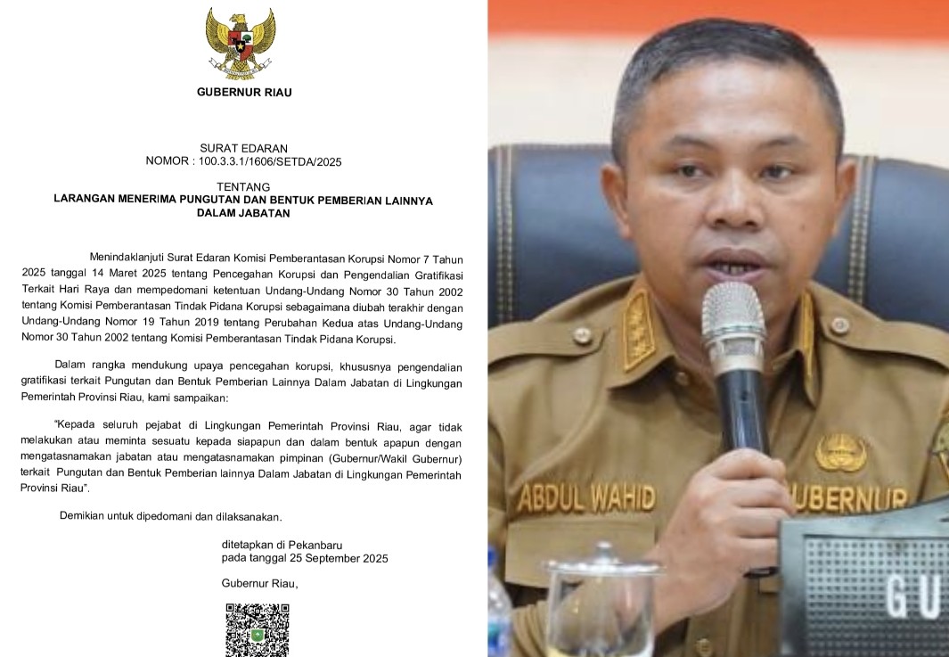 Gubri Abdul Wahid terbitkan SE, pejabat dilarang terima imbalan dalam bentuk apapun (foto/ist)